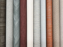 A row of Tesselle Wallpaper rolls featuring various textures and patterns in shades of gray, brown, cream, and rust.