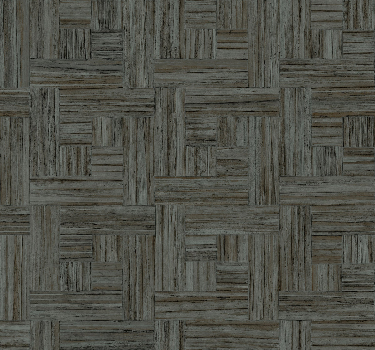 Tesselle Wallpaper in dark gray featuring a geometric pattern of small, horizontal and vertical wood grain rectangles arranged in a basketweave style.