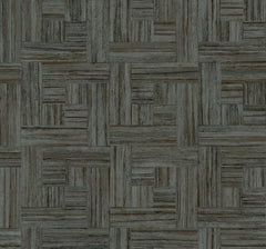 Tesselle Wallpaper in dark gray featuring a geometric pattern of small, horizontal and vertical wood grain rectangles arranged in a basketweave style.