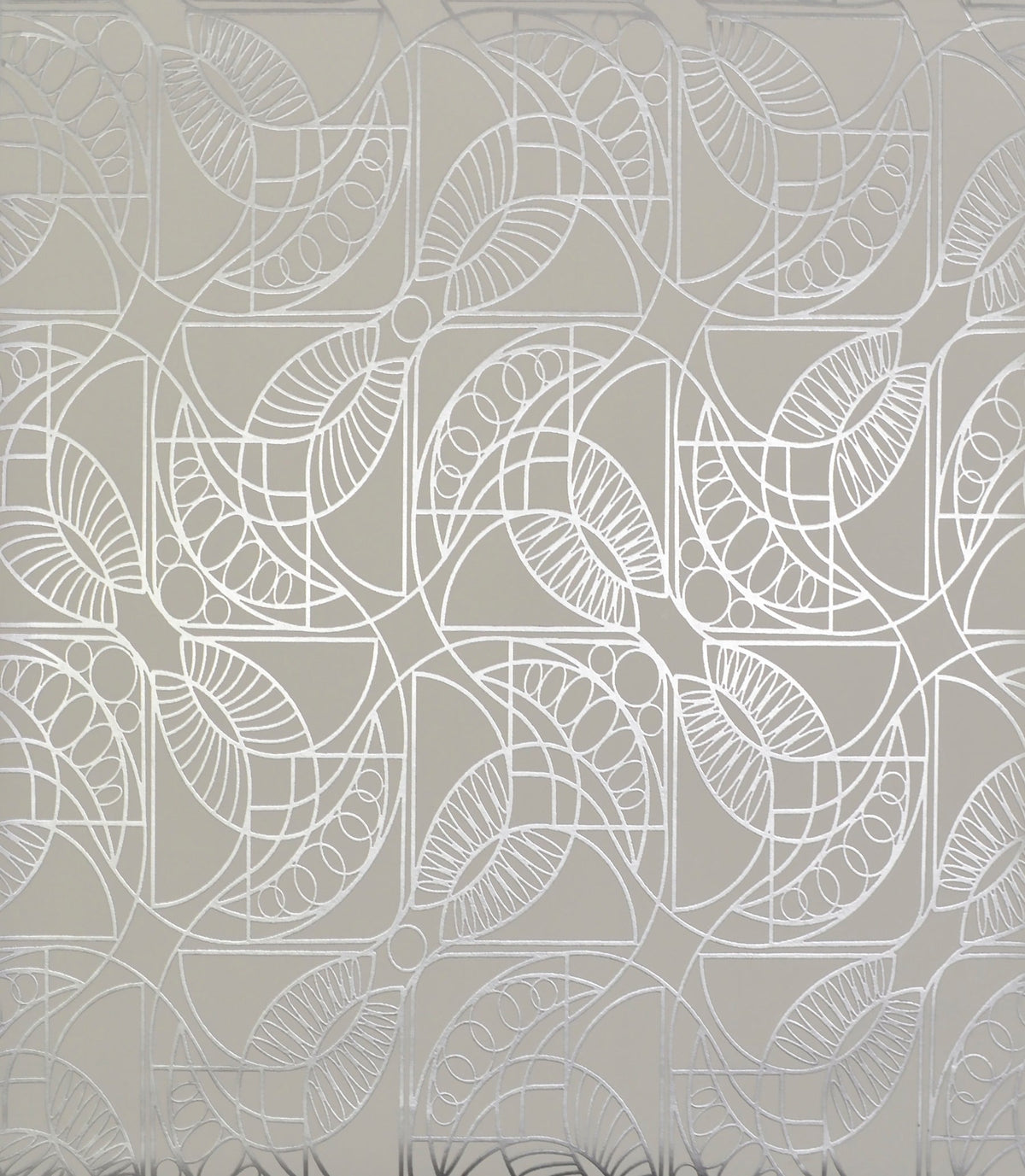 Cartouche Wallpaper featuring a repeating geometric pattern of silver lines forming stylized leaf and circular shapes on a neutral background.
