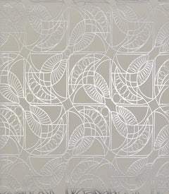 Cartouche Wallpaper featuring a repeating geometric pattern of silver lines forming stylized leaf and circular shapes on a neutral background.