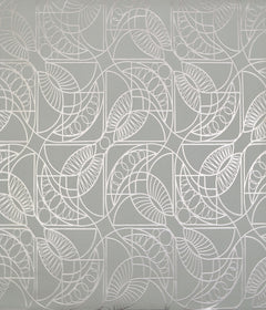 Cartouche Wallpaper featuring a repeating geometric pattern of white interlocking curved lines and stylized leaf shapes on a gray background.