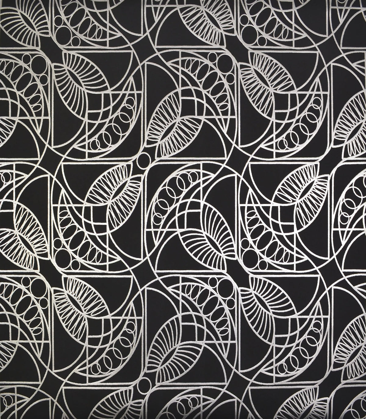 Cartouche Wallpaper featuring a black background with a repeating, geometric white line pattern of arched, leaf-like shapes and circles.