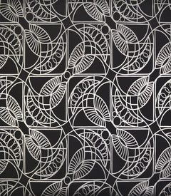 Cartouche Wallpaper featuring a black background with a repeating, geometric white line pattern of arched, leaf-like shapes and circles.