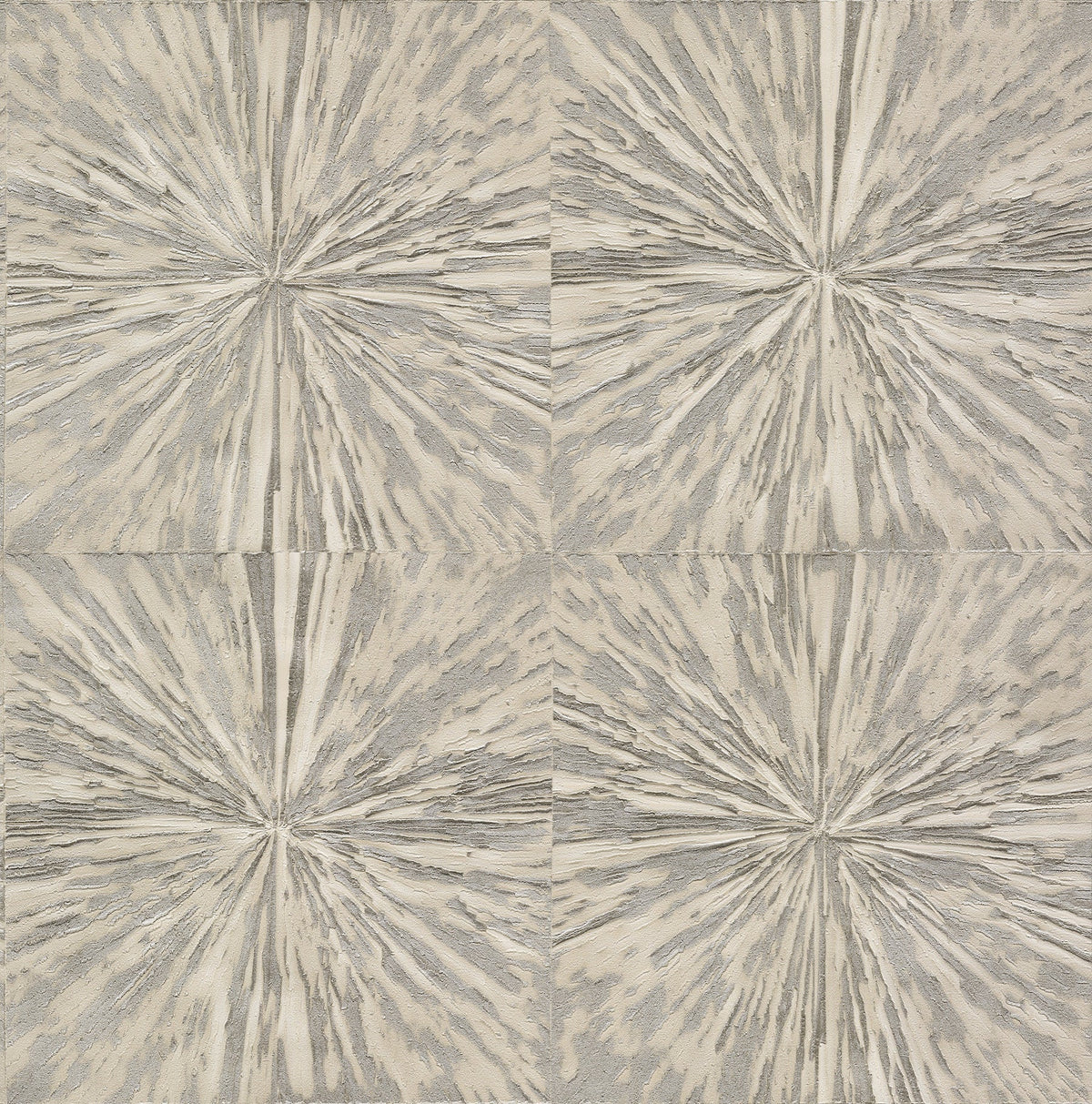 Squareburst Wallpaper by York Wallcoverings features a symmetrical, abstract design with a textured, radiating starburst pattern in shades of beige and gray.
