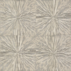 Four panels of Squareburst Wallpaper by York Wallcoverings feature textured, radial burst or star-like patterns in gray and beige shades. Arranged in a two-by-two grid, these panels create a repeating abstract design.