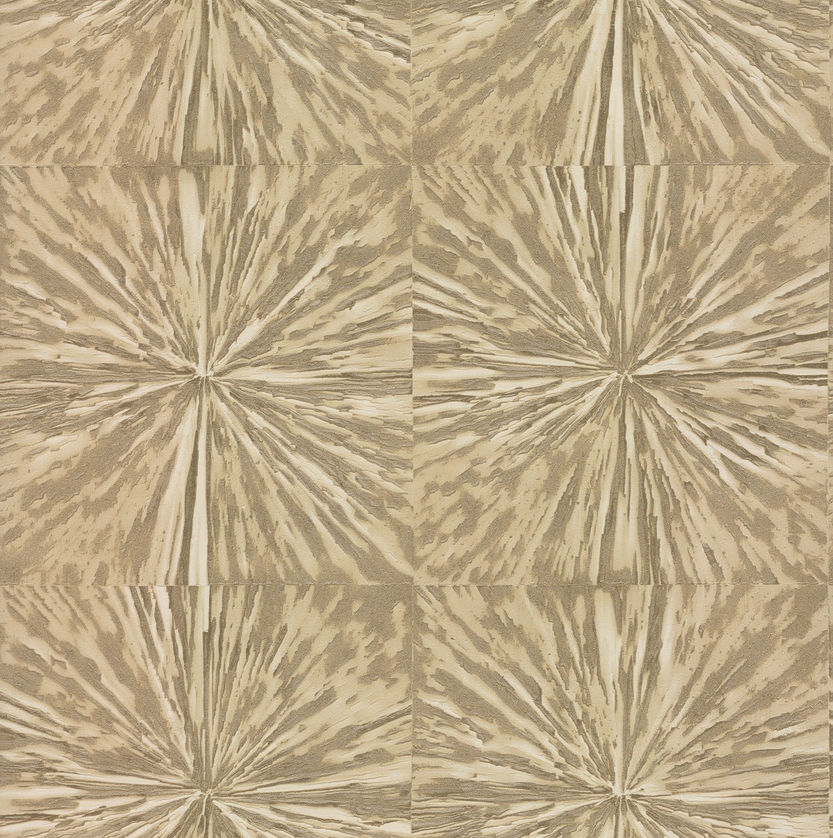 Squareburst Wallpaper by York Wallcoverings features an abstract pattern of beige and brown starburst shapes with radiating lines intersecting in a six-section grid, creating a symmetrical, textured effect reminiscent of wood grain or cracked earth.