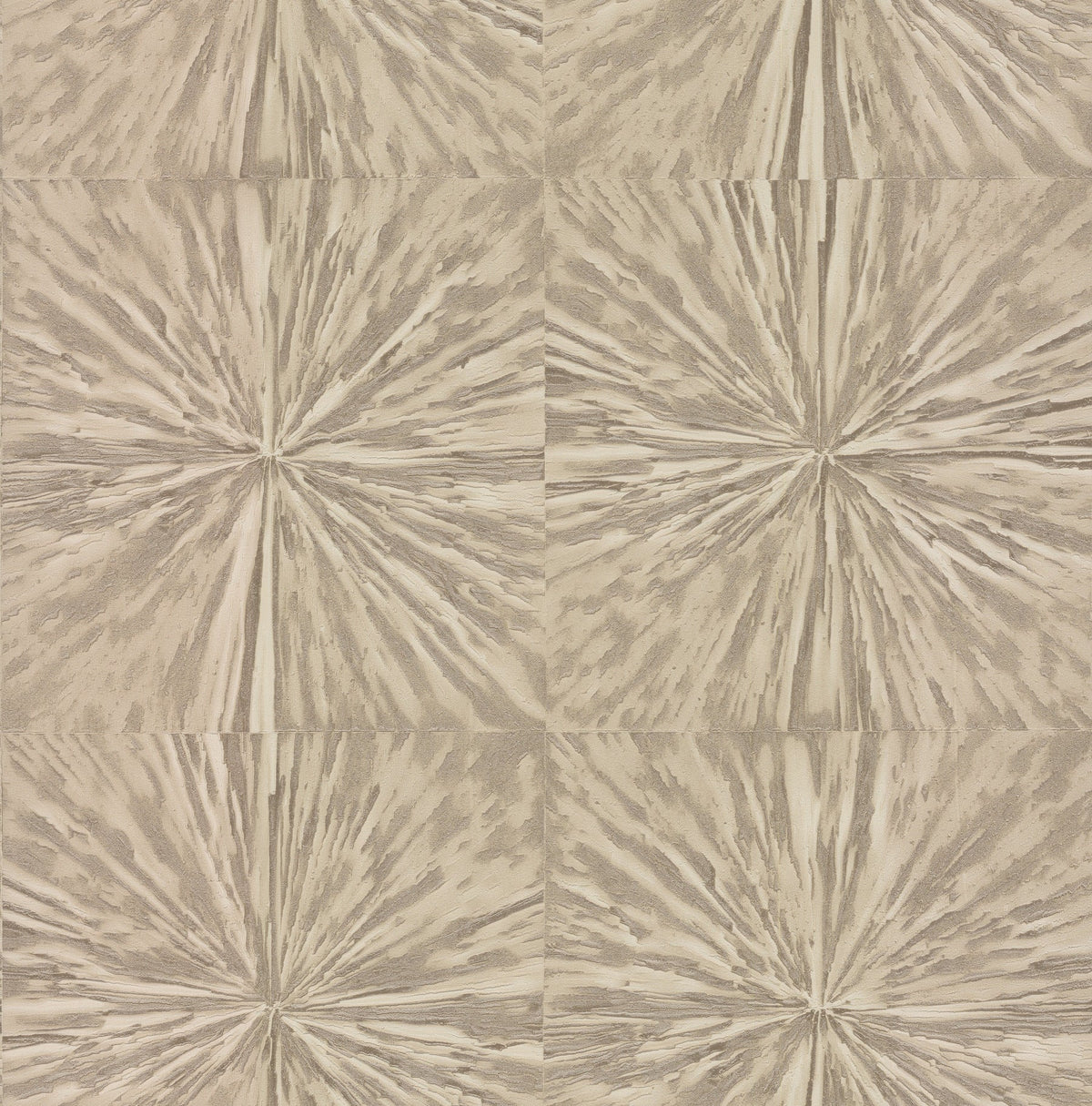 Squareburst Wallpaper by York Wallcoverings features a beige and brown abstract pattern with radial lines forming starburst shapes, arranged in a seamless grid. The organic texture resembles wood grain or marbled paper.