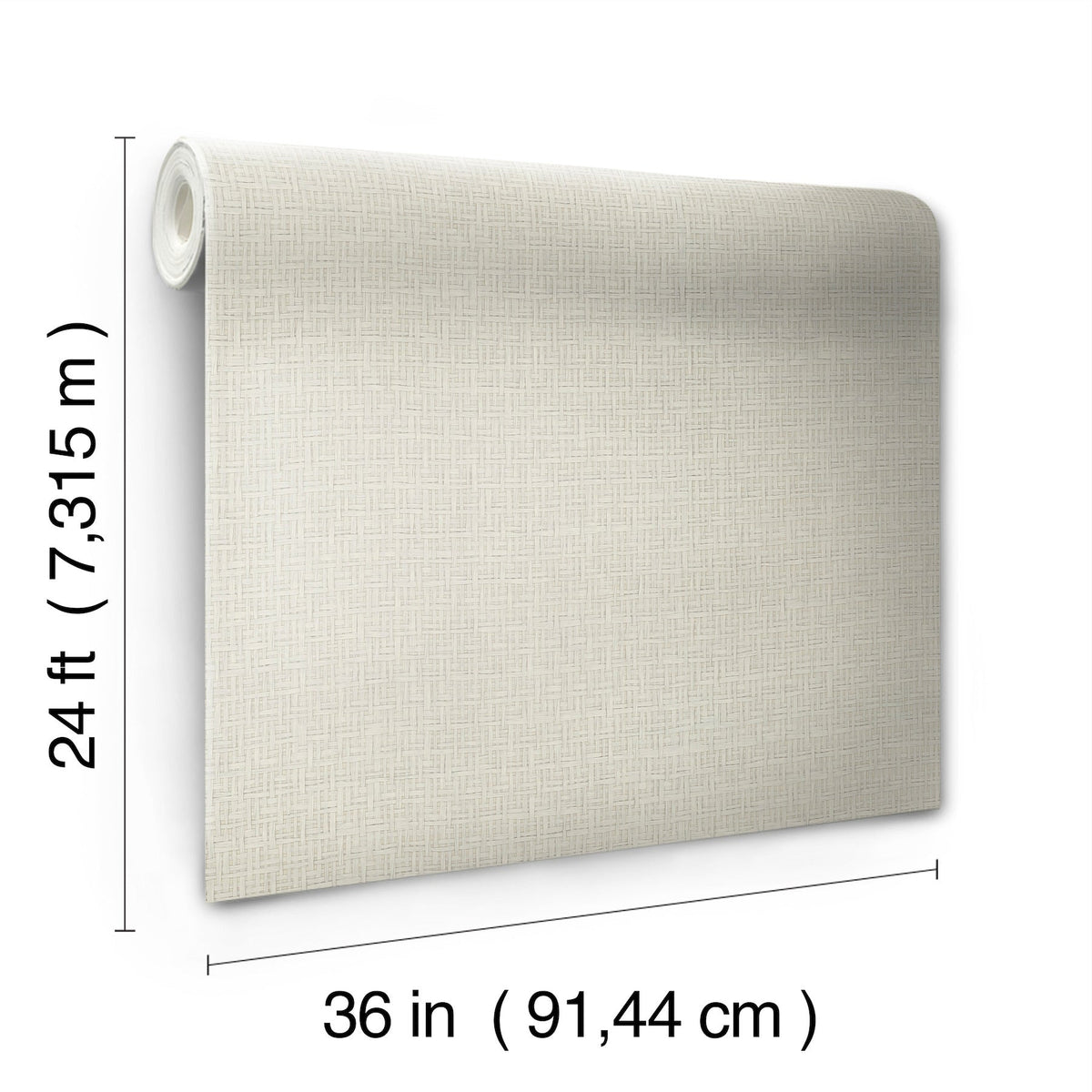 Ronald Redding Tatami Weave Wallpaper by York Wallcoverings is a rolled sheet of textured wallpaper, 24 ft (7.315 m) tall and 36 in (91.44 cm) wide, on a white background.