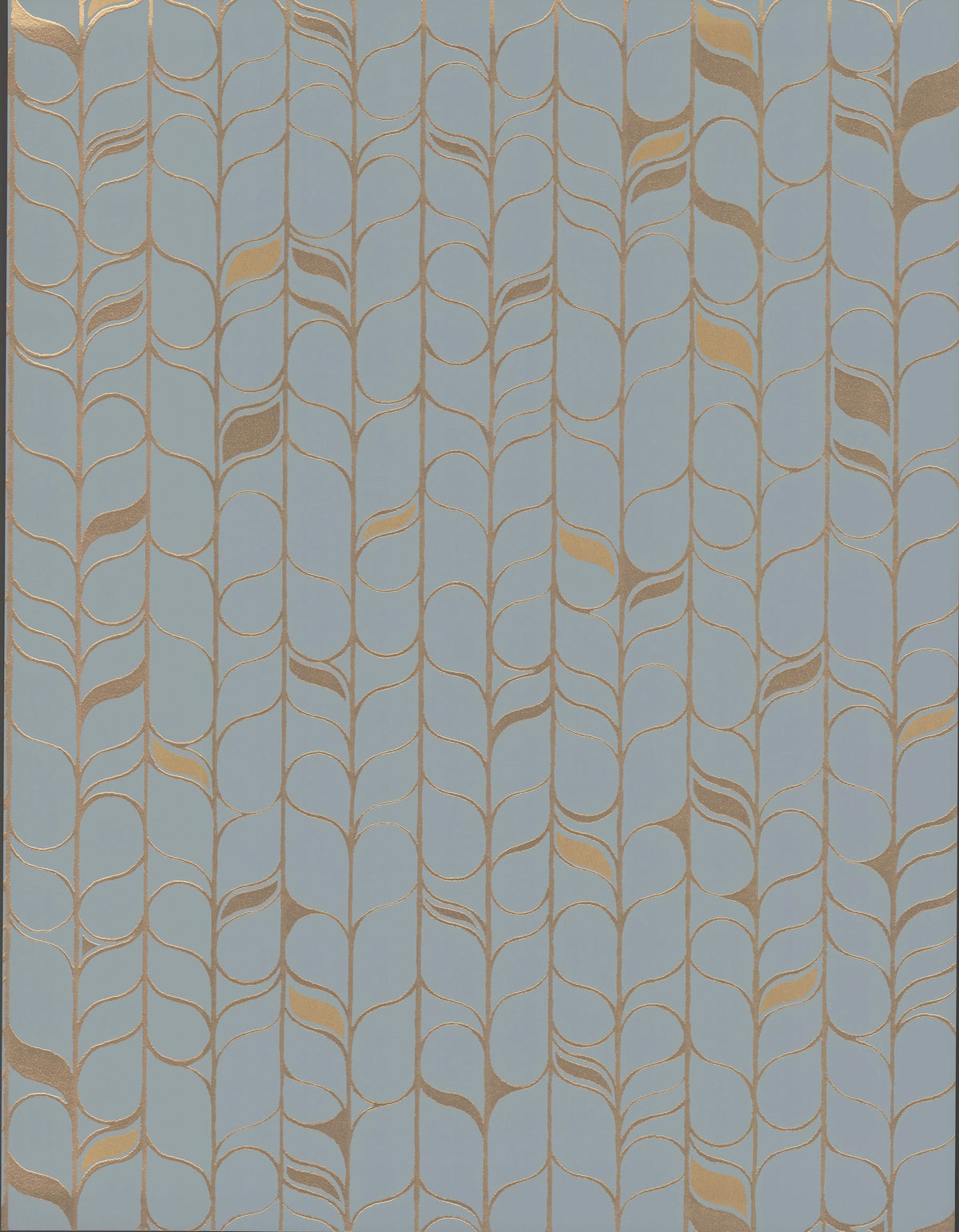 Candice Olson Perfect Petals Wallpaper featuring a repeating vertical pattern of interlocking golden vine outlines with occasional golden leaves on a solid light blue background.