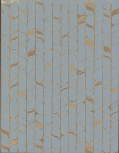 Candice Olson Perfect Petals Wallpaper featuring a repeating vertical pattern of interlocking golden vine outlines with occasional golden leaves on a solid light blue background.
