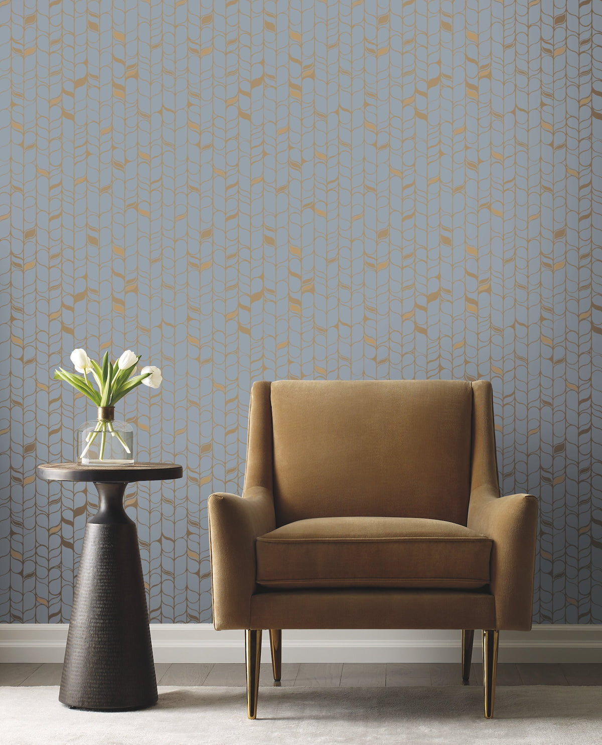 Candice Olson Perfect Petals Wallpaper features a repeating pattern of gold vertical arches and leaves on a light blue background.