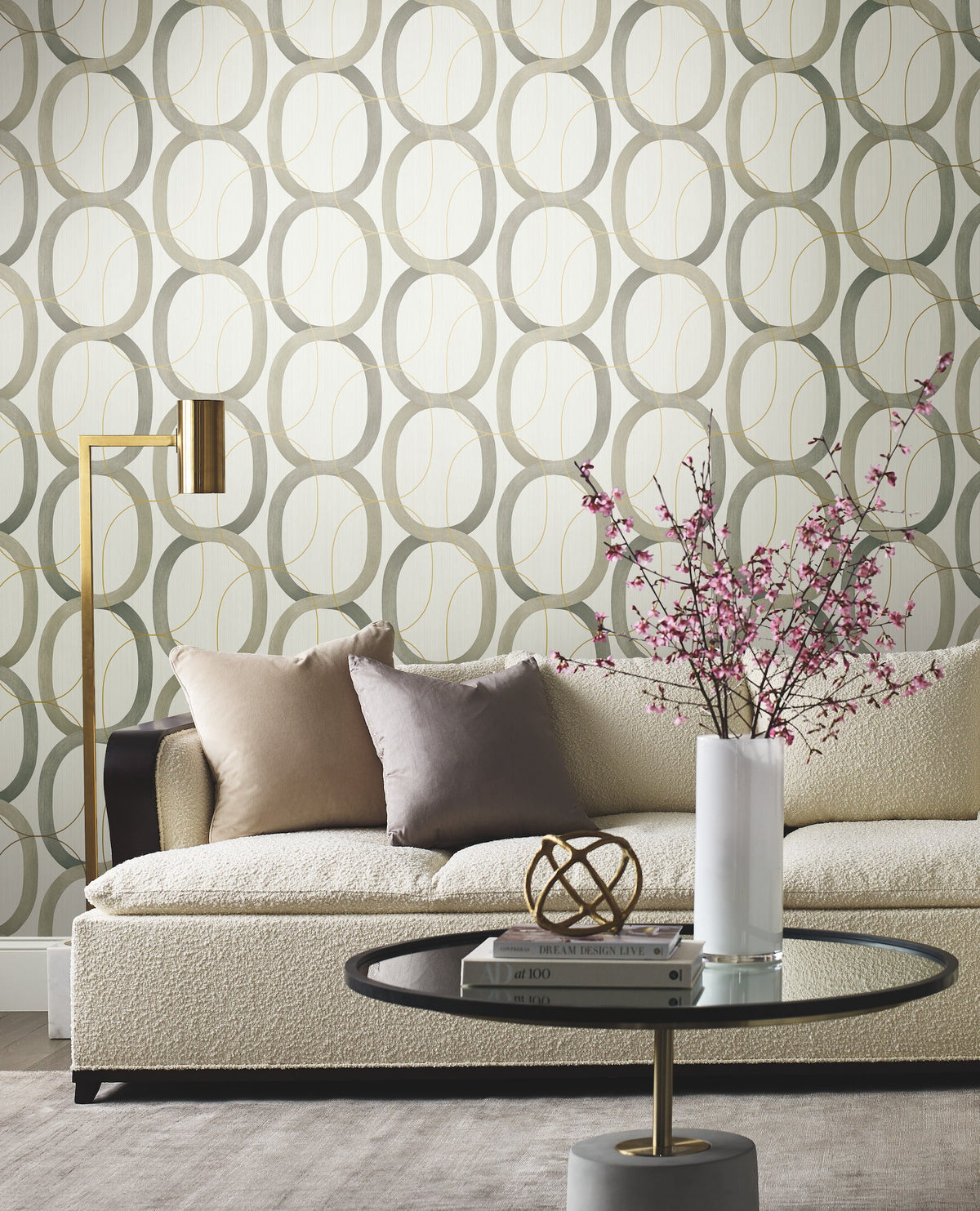 Candice Olson Interlock Wallpaper featuring a repeating pattern of interlocking oval rings in shades of olive green, gray, and gold.