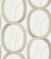 Candice Olson Interlock Wallpaper featuring a repeating pattern of interlocking gray, taupe, and thin gold elliptical loops.