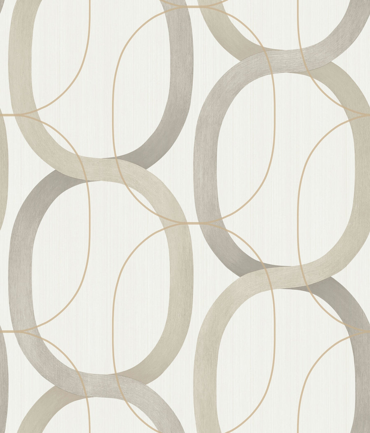 Candice Olson Interlock Wallpaper featuring a repeating pattern of interlocking gray, taupe, and thin gold elliptical loops.