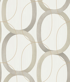 Candice Olson Interlock Wallpaper featuring a repeating pattern of interlocking gray, taupe, and thin gold elliptical loops.