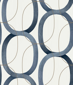 Candice Olson Interlock Wallpaper featuring a repeating pattern of interlocking blue oval rings outlined by thin, light brown lines on a white background.