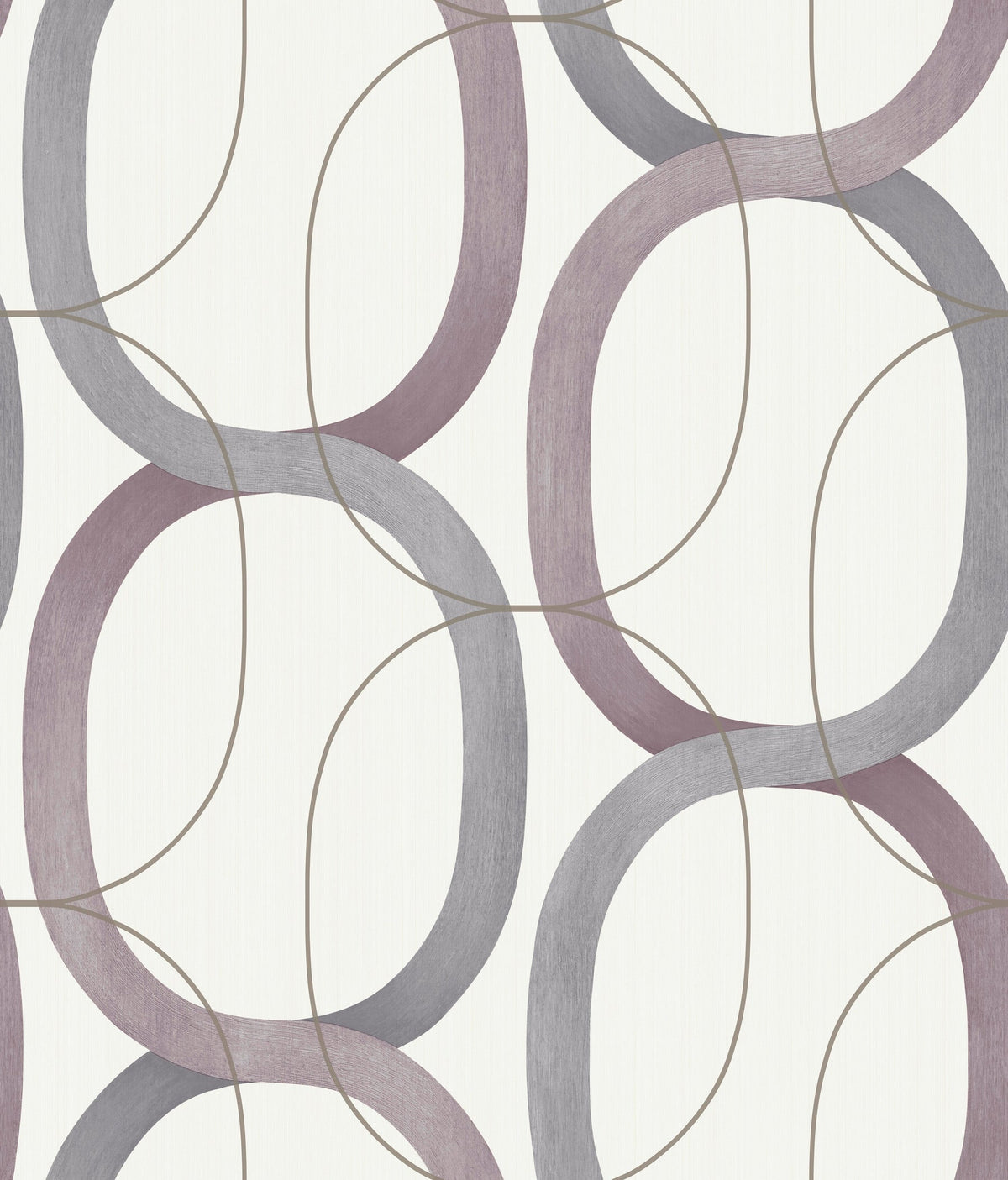Candice Olson Interlock Wallpaper featuring an interlocking pattern of large, overlapping gray and purple elliptical rings on a light background.