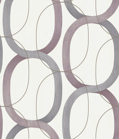 Candice Olson Interlock Wallpaper featuring an interlocking pattern of large, overlapping gray and purple elliptical rings on a light background.
