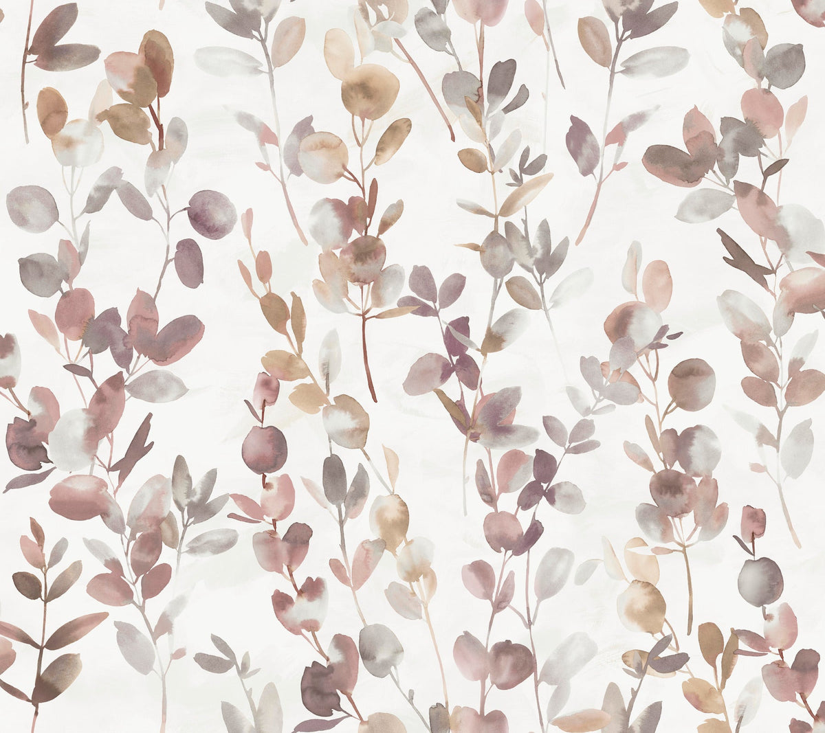 Candice Olson Joyful Eucalpytus Wallpaper featuring a watercolor pattern of soft, muted eucalyptus branches in shades of mauve, tan, and gray.