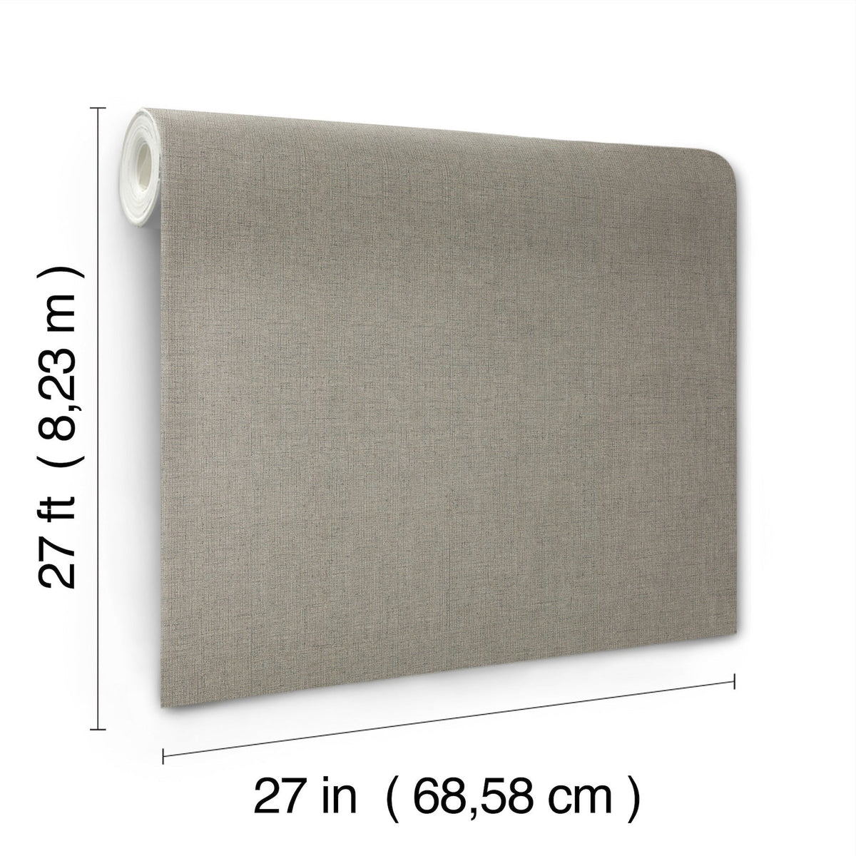 The Hardy Linen Wallpaper by York Wallcoverings is shown displayed vertically in a textured gray finish, measuring 27 feet (8.23 m) in length and 27 inches (68.58 cm) in width.