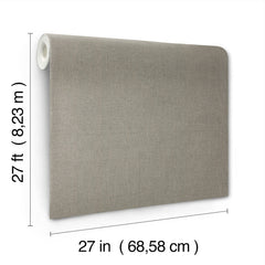 The Hardy Linen Wallpaper by York Wallcoverings is shown displayed vertically in a textured gray finish, measuring 27 feet (8.23 m) in length and 27 inches (68.58 cm) in width.