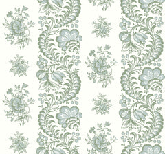Beaumont Floral Stripe Wallpaper by York Wallcoverings features a seamless vintage design of green floral bouquets and curved leafy vines set against a white background, arranged in alternating vertical stripes.