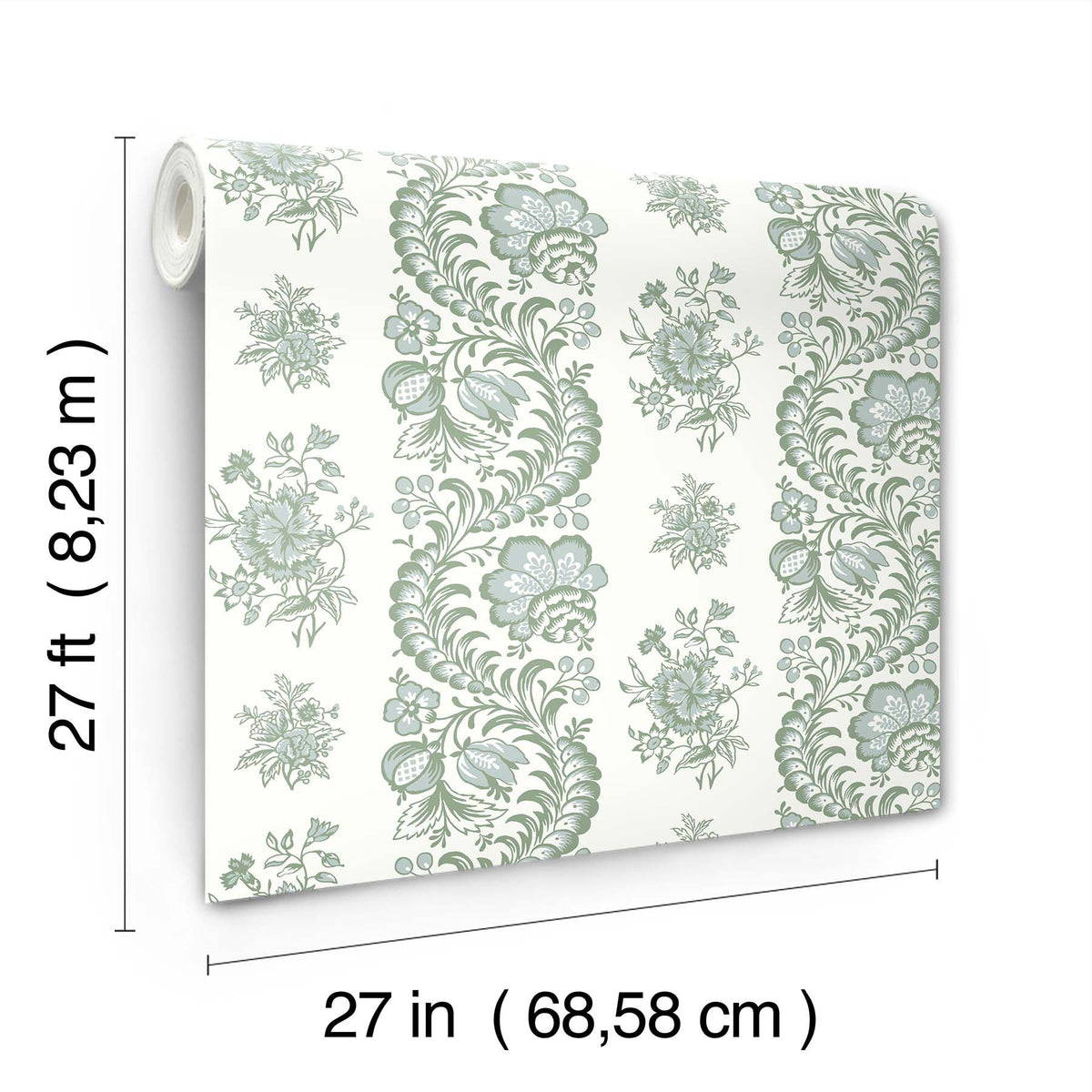 The image features a roll of York Wallcoverings Beaumont Floral Stripe Wallpaper in white with green floral patterns, measuring 27 feet (8.23 m) long and 27 inches (68.58 cm) wide.