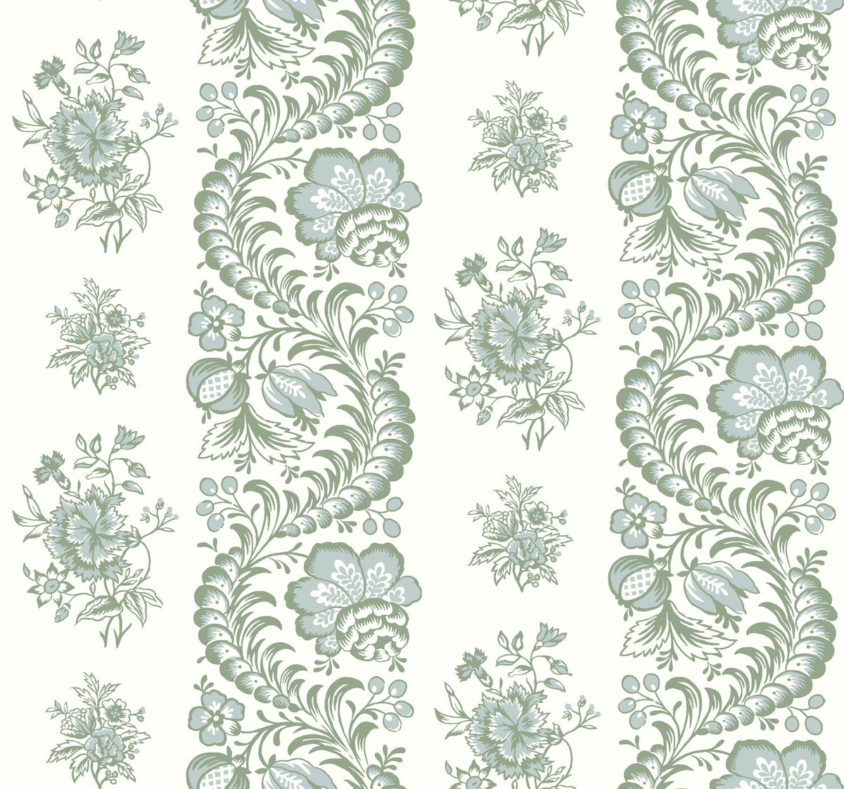 Beaumont Floral Stripe Wallpaper by York Wallcoverings features a seamless vintage-inspired pattern with green and gray flowers, leaves, and swirling motifs arranged in elegant curved vertical stripes on a light background.