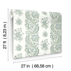 A roll of Beaumont Floral Stripe Wallpaper by York Wallcoverings, featuring a mostly white and green floral pattern, shown next to its dimensions of 27 feet by 27 inches (8.23 meters by 68.58 centimeters).