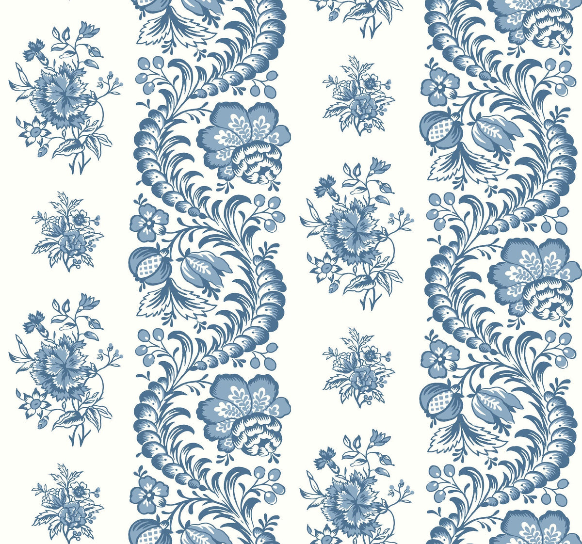 The Beaumont Floral Stripe Wallpaper by York Wallcoverings features an intricate and symmetrical blue floral pattern on a white background, with vertical stripes created by ornate, curling flowers and leaves that alternate with delicate floral bouquets.