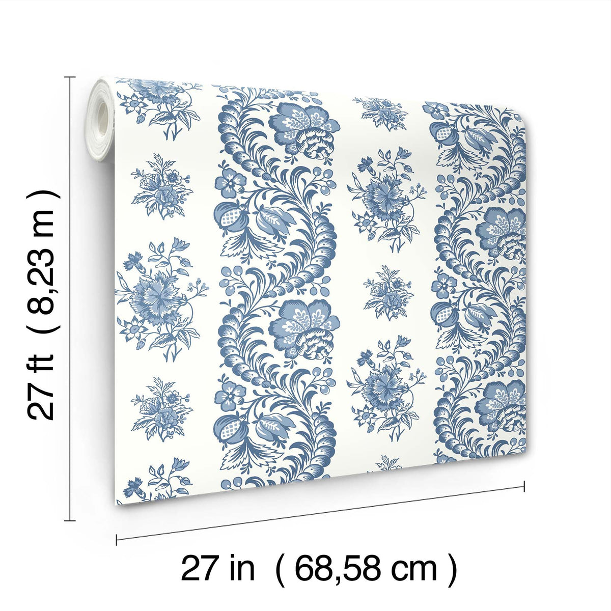 The Beaumont Floral Stripe Wallpaper by York Wallcoverings features blue floral patterns on a white background. Each roll measures 27 feet (8.23 m) in length and 27 inches (68.58 cm) in width.
