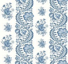 The Beaumont Floral Stripe Wallpaper by York Wallcoverings features an intricate and symmetrical design of blue floral motifs, large ornate swirls, and petite bouquets arranged in vertical stripes against a white background, evoking the timeless elegance of vintage wallpaper.