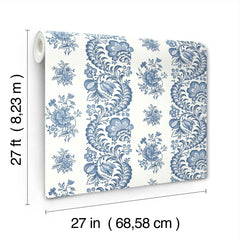 The Beaumont Floral Stripe Wallpaper by York Wallcoverings features blue floral patterns on a white background and comes in a roll measuring 27 feet (8.23 m) long and 27 inches (68.58 cm) wide.