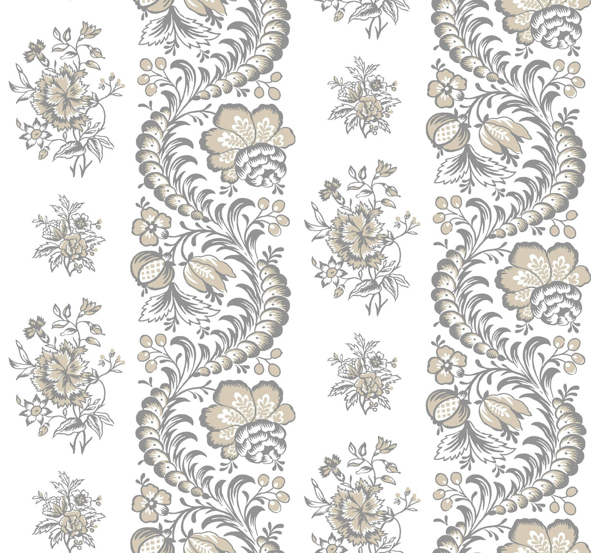 Introduce organic sophistication to your space with the Beaumont Floral Stripe Wallpaper by York Wallcoverings, showcasing graceful gray and beige floral arrangements and swirling leaves set on a crisp white background, accented by alternating broad wavy stripes and clusters of delicate flowers.