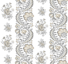 Introduce organic sophistication to your space with the Beaumont Floral Stripe Wallpaper by York Wallcoverings, showcasing graceful gray and beige floral arrangements and swirling leaves set on a crisp white background, accented by alternating broad wavy stripes and clusters of delicate flowers.