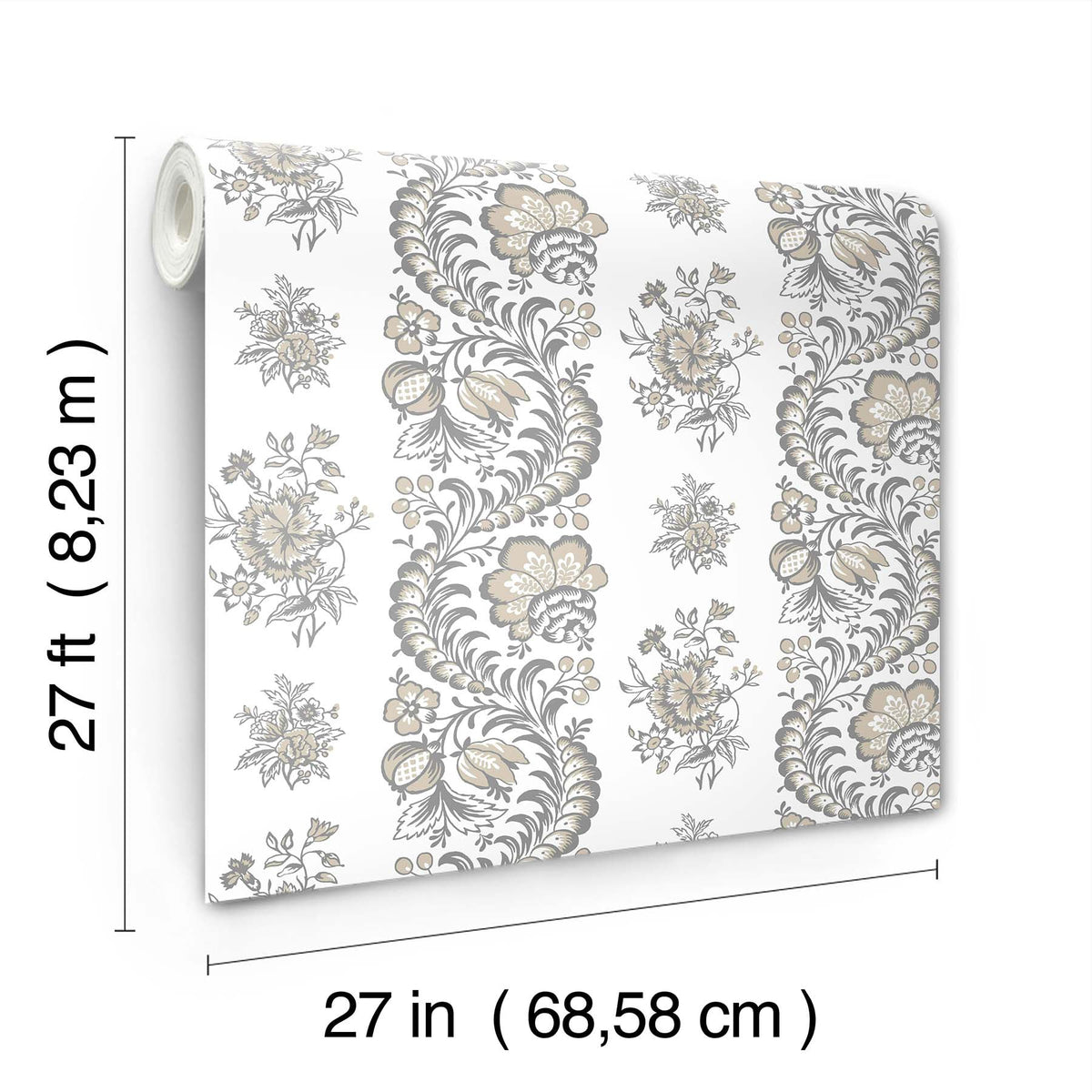 The image features the Beaumont Floral Stripe Wallpaper by York Wallcoverings, displaying beige and gray floral patterns. The dimensions are labeled as 27 inches wide by 27 feet long (68.58 cm by 8.23 m).