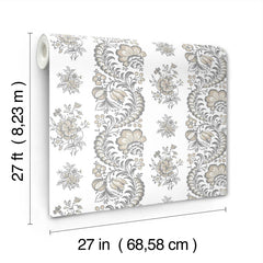 The image features the Beaumont Floral Stripe Wallpaper by York Wallcoverings, displaying beige and gray floral patterns. The dimensions are labeled as 27 inches wide by 27 feet long (68.58 cm by 8.23 m).