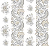 Beaumont Floral Stripe Wallpaper by York Wallcoverings features an elegant seamless pattern with ornate, swirling floral designs in shades of gray and beige, displaying clusters of flowers, leaves, and berries on a crisp white background.