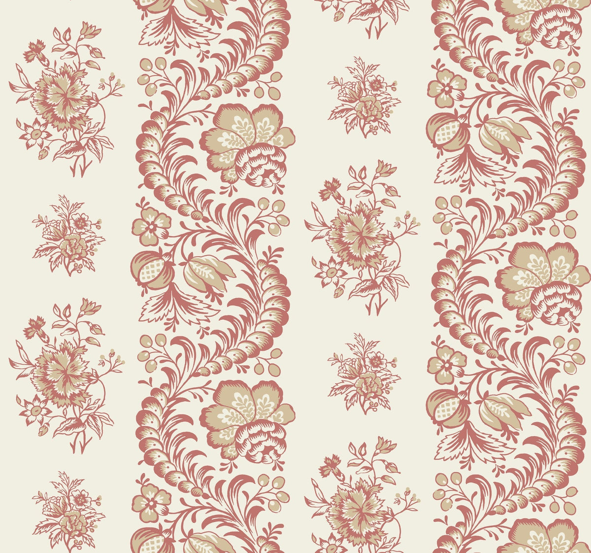 Introducing the Beaumont Floral Stripe Wallpaper by York Wallcoverings, featuring ornate and symmetrical red and beige floral patterns. Large bouquets and smaller floral clusters are arranged in vertical stripes on a cream background, creating a vintage-inspired look.