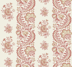 Introducing the Beaumont Floral Stripe Wallpaper by York Wallcoverings, featuring ornate and symmetrical red and beige floral patterns. Large bouquets and smaller floral clusters are arranged in vertical stripes on a cream background, creating a vintage-inspired look.