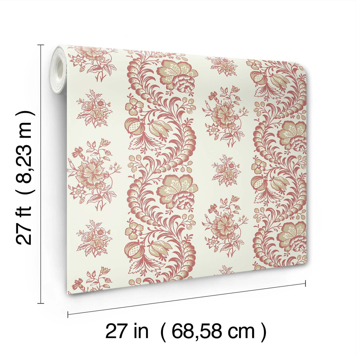 The Beaumont Floral Stripe Wallpaper by York Wallcoverings is displayed on a white background with labeled dimensions, featuring a roll in red and beige floral patterns that measures 27 feet long and 27 inches (68.58 cm) wide.