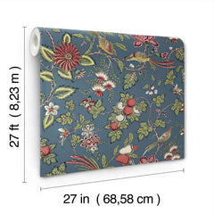 A roll of Parterre Jacobean Wallpaper by York Wallcoverings features a floral and bird pattern on a blue background, measuring 27 feet long and 27 inches wide (68.58 cm).