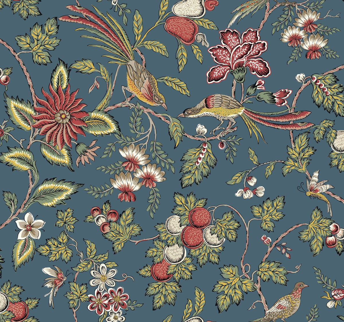 The Parterre Jacobean Wallpaper by York Wallcoverings showcases colorful birds perched on leafy branches, adorned with red, white, and yellow flowers and fruit clusters, all set against a muted blue background.