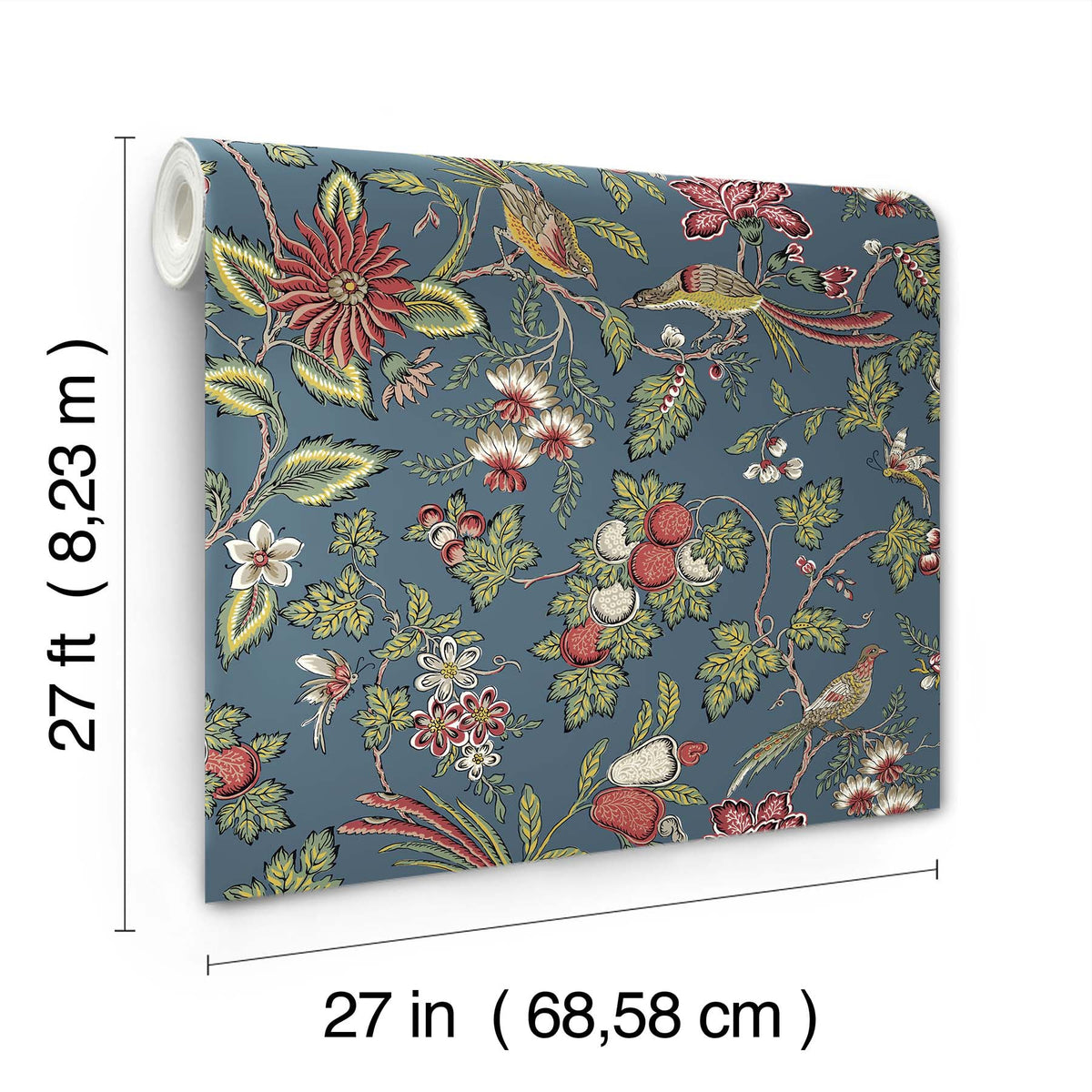 Parterre Jacobean Wallpaper by York Wallcoverings features a colorful floral and bird pattern on a blue background. Each roll measures 27 feet (8.23 meters) in length and 27 inches (68.58 centimeters) in width.
