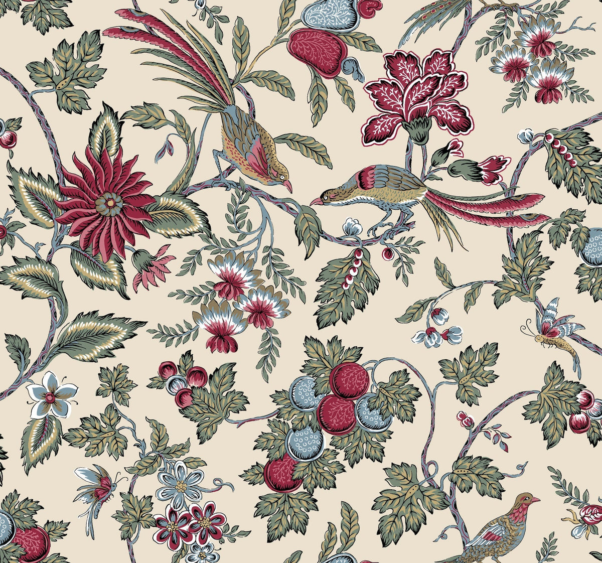 The Parterre Jacobean Wallpaper by York Wallcoverings showcases an intricate pattern of flowers, leaves, fruits, and birds perched on branches in vivid red, green, and blue hues set against a beige background.