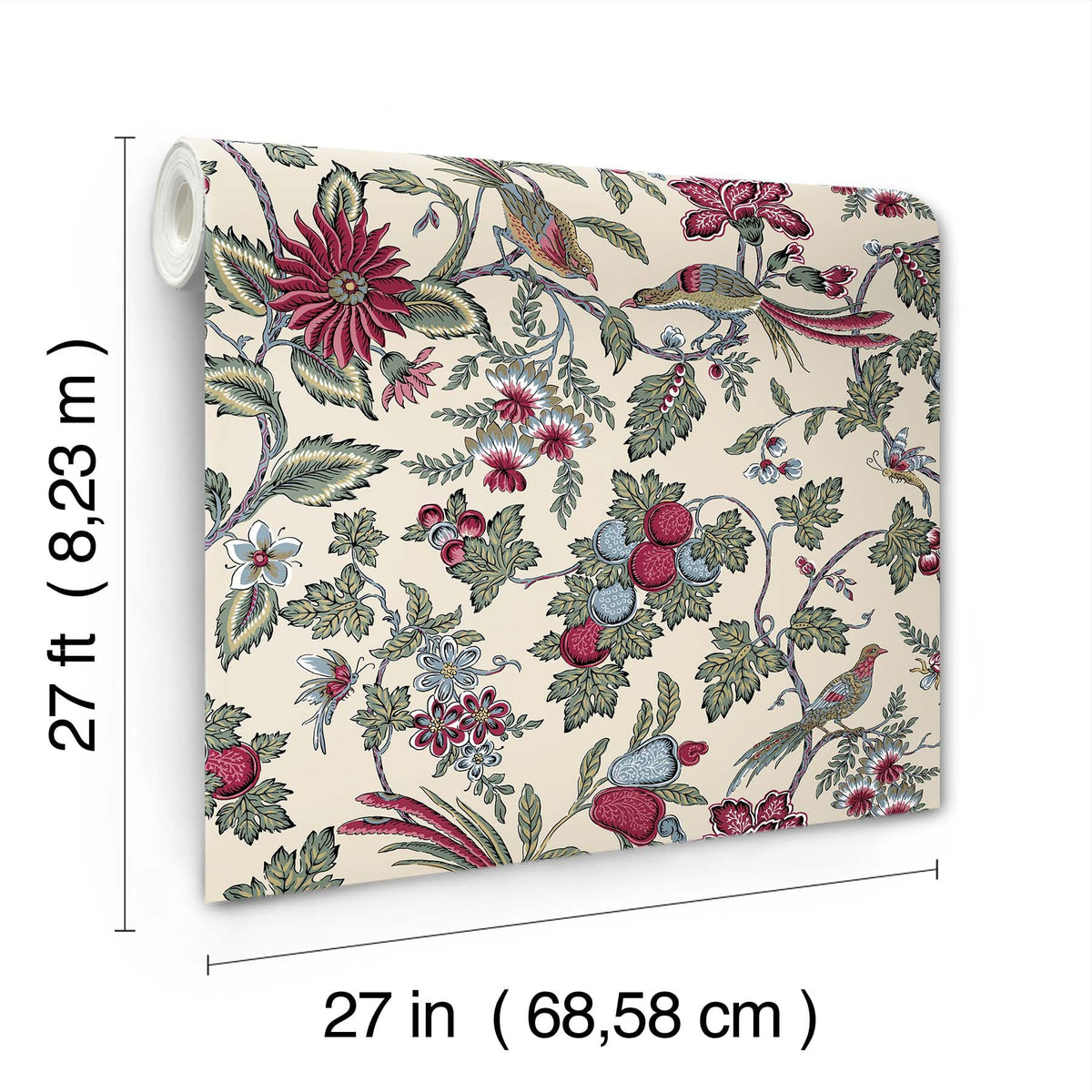 The Parterre Jacobean Wallpaper by York Wallcoverings is a roll of wallpaper featuring red, pink, and green floral and leaf patterns. Each roll measures 27 feet (8.23 meters) in length and 27 inches (68.58 centimeters) in width.