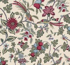 Intricately illustrated in a vintage-style botanical pattern, the Parterre Jacobean Wallpaper by York Wallcoverings features colorful birds, expansive flowers, and clusters of fruit on a beige background. Intertwining leaves and vines flow throughout the detailed, repeating design.
