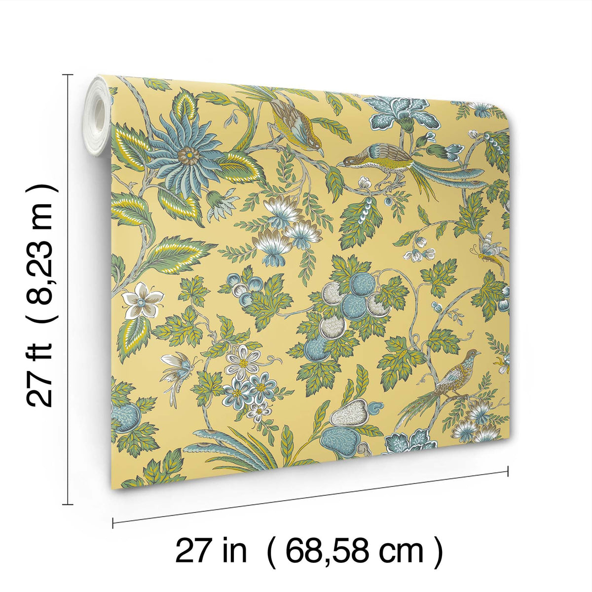 Parterre Jacobean Wallpaper by York Wallcoverings features a yellow background with an intricate pattern of florals, leaves, birds, and fruit. Each roll measures 27 feet (8.23 m) in length and 27 inches (68.58 cm) in width.