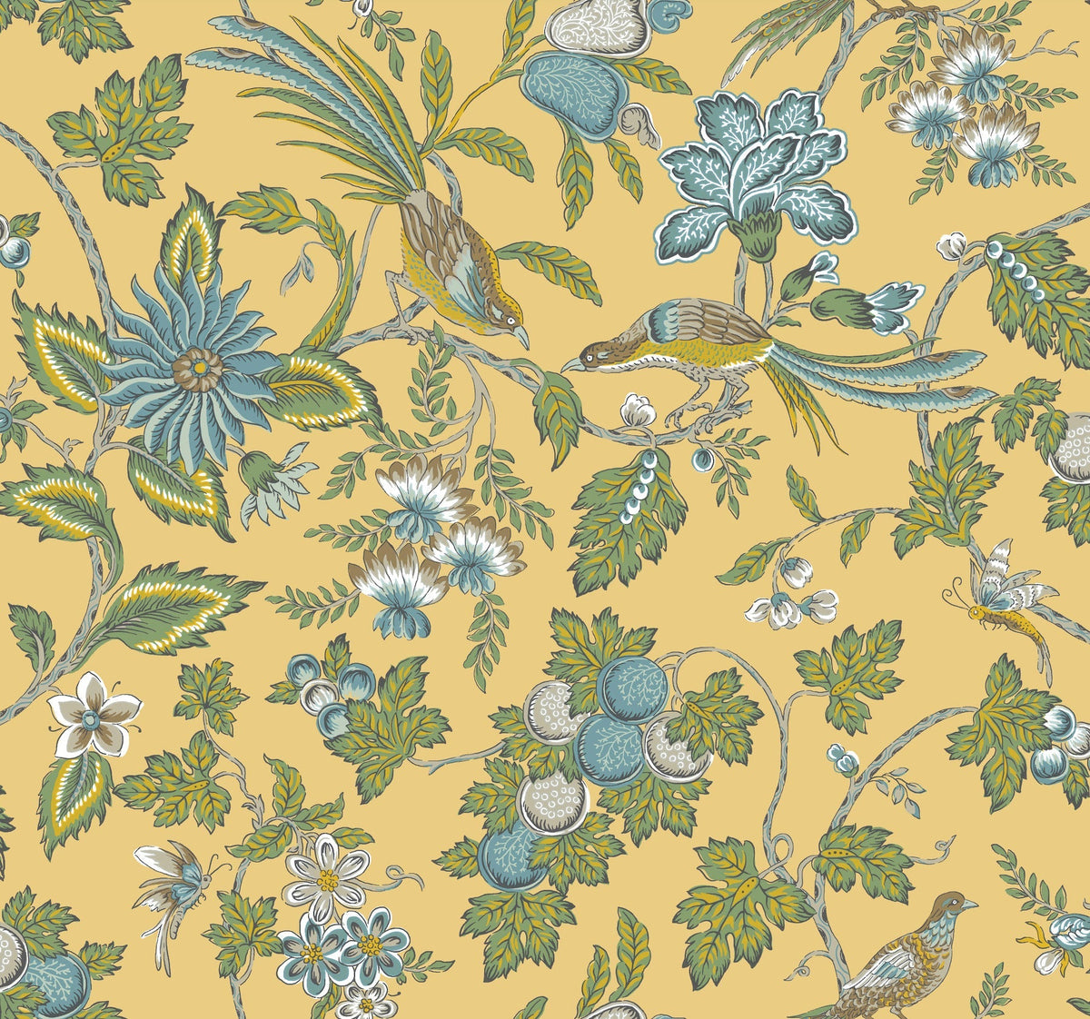 The Parterre Jacobean Wallpaper by York Wallcoverings features an intricate floral pattern with blue, green, and white flowers, lush leaves, and birds perched on branches, all set against a muted yellow background.